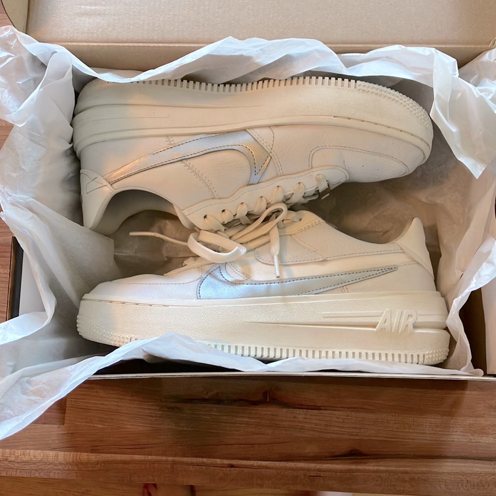 Women’s White Air Force 1 Platforms w/ Metallic Silver Dash